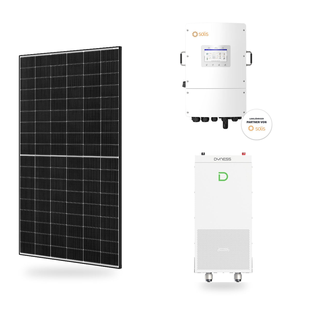 Premium PV-Anlage SpeicherPlus LowVolt – JA Solar Glas-Glas-Modul, Solis Low-Volt Hybridwechselrichter & 1 × Dyness PowerBrick Plus (16,07 kWh)