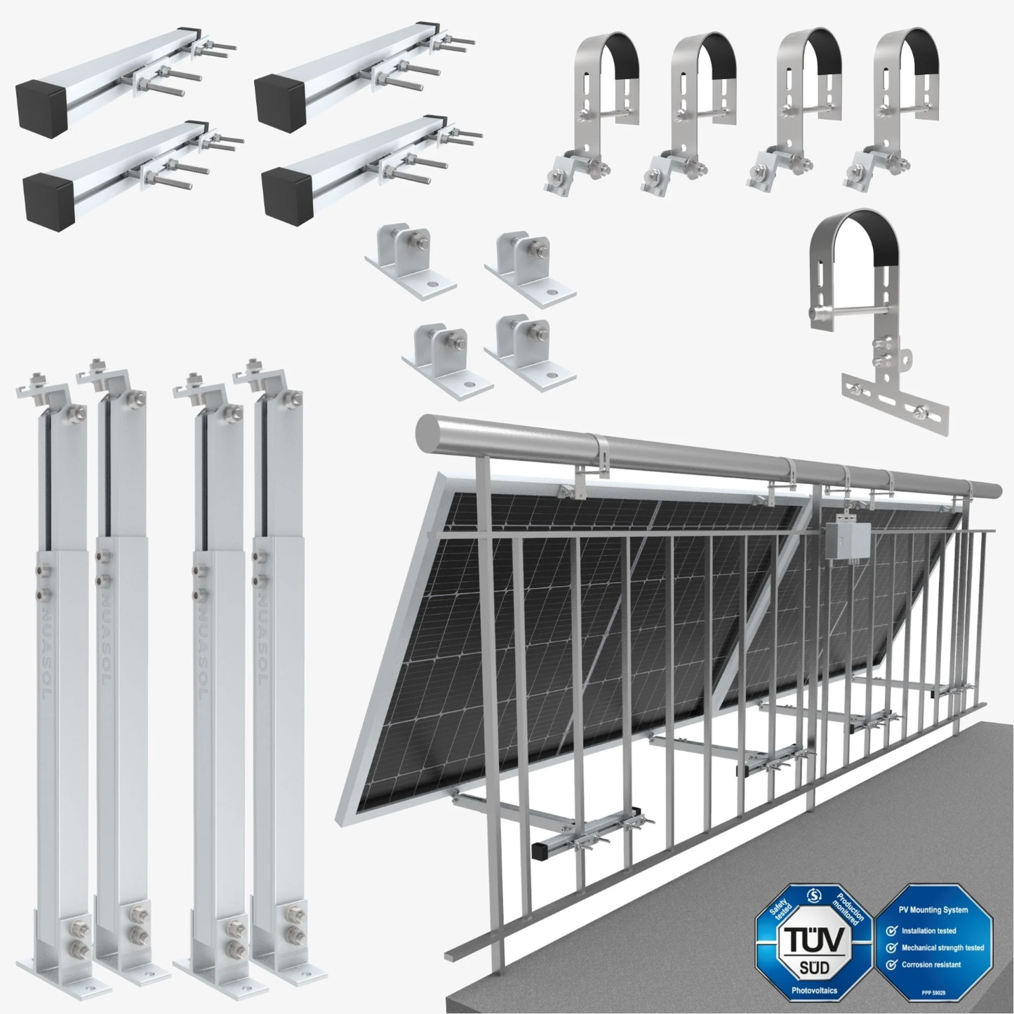 NuaSol Balkonhalterung rund für 2 Module | Neigung 0° oder 25–45° | Edelstahl & Aluminium | für Geländer bis 80 mm