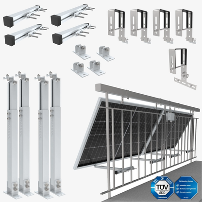 NuaSol Balkonhalterung eckig für 2 Module | Neigung 0° oder 25–45° | Edelstahl & Aluminium | für Geländer bis 80 mm