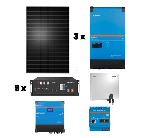 Premium PV-Anlage “Flex-Alleskönner XXL” | 35,1 kWp Q-Cells Module | 100 % On- & Off-Grid | flexibel & robust | 43,2 kWh Pylontech Speicher | 3 x Victron MP-II 8000 u.v.m.