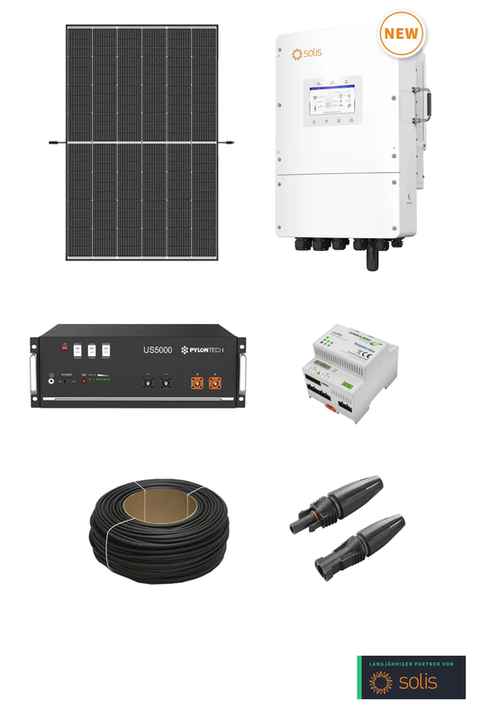 Premium PV-Anlage „TriPower LowVolt“ | 16,49 kWp bifazial Trina Solarmodule | 15 kW Solis Low-Volt Hybrid | 19,2 kWh Pylontech US5000 Speicher & Zubehör
