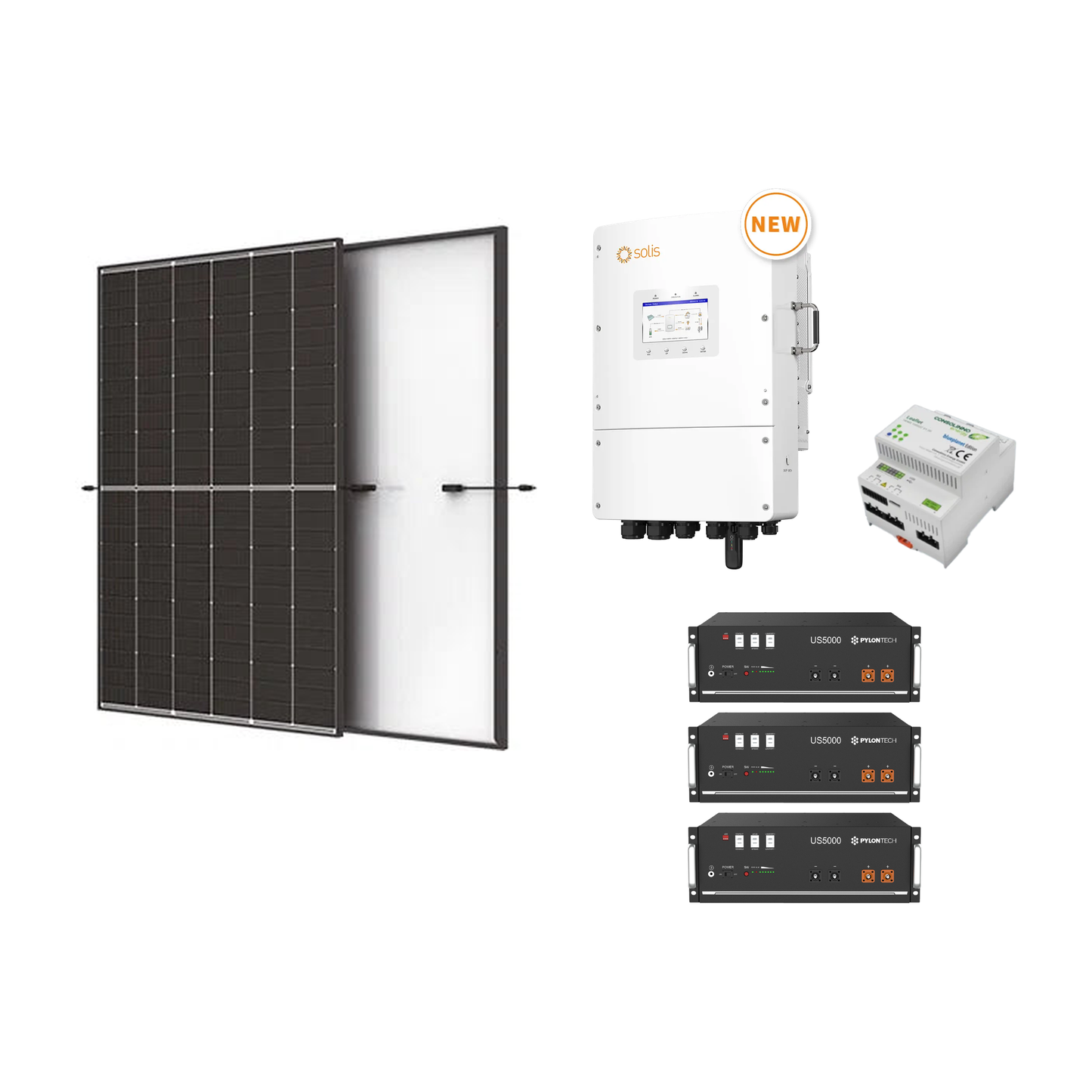 Premium PV-Anlage TriPower LowVolt 13,16 kWp – Trina Vertex S+ Solarmodul, Solis 12 kW Low-Volt Hybridwechselrichter, Consolinno HEMS und 3 × Pylontech US5000 Speicher