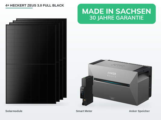 Balkonkraftwerk 1.940 Wp Set mit 4 Heckert ZEUS 3.0 Full-Black-Modulen aus Sachsen, Anker SOLIX Solarbank 3 Pro und Smart Meter Gen 2