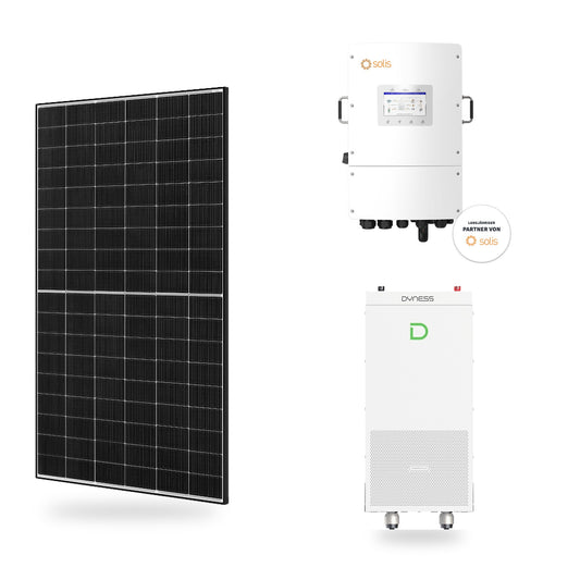 Premium PV-Anlage SpeicherPlus LowVolt – JA Solar Glas-Glas-Modul, Solis Low-Volt Hybridwechselrichter & 1 × Dyness PowerBrick Plus (16,07 kWh)