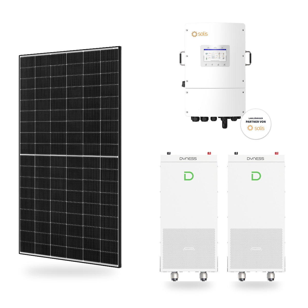 Premium PV-Anlage SpeicherPlus LowVolt – JA Solar Glas-Glas-Modul, Solis Low-Volt Hybridwechselrichter & 2 × Dyness PowerBrick Plus (32,14 kWh)